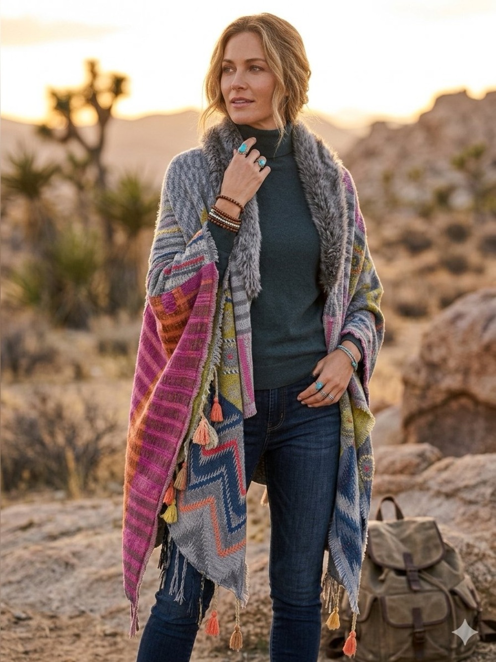 Aratta Multi-Color Patterned Cape Wrap with Faux Fur Trim